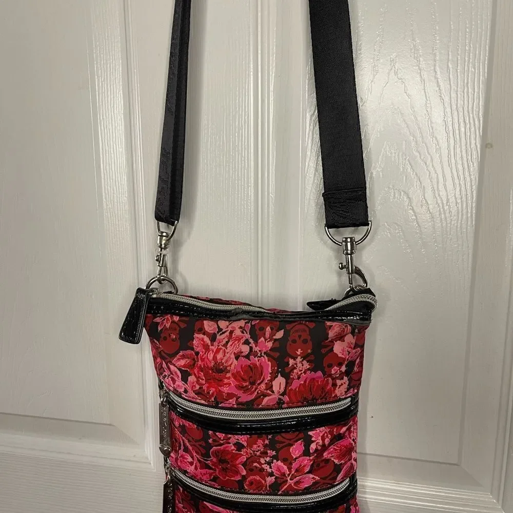 Betsey Johnson Nylon pink ,Red Flowers & skulls Small crossbody bag black trims